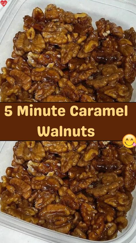 5-Minute Caramel Walnuts are a quick and delightful treat that’s perfect for any occasion. The rich caramel coating complements the natural nuttiness of the walnuts, creating a flavor explosion in every bite. Carmelized Walnuts, Candied Walnut Recipe, Caramelized Walnuts, Caramel Glaze, Walnut Recipes, Easy Treat, Nut Recipes, Candied Nuts, Easy Homemade Recipes