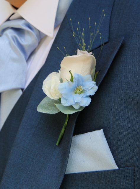 Cheryl & Steve's Beautiful Blue Wedding Day at St Anne's Singleton & Singleton Lodge Grooms Men Boutonnieres, Blue Buttonholes Grooms, Homecoming Boutineer Ideas, Blue Boutineer, Delphinium Boutonniere, Wedding Bouquets Blue, Wedding Flower Guide, Blue Delphinium, Blue Wedding Bouquet