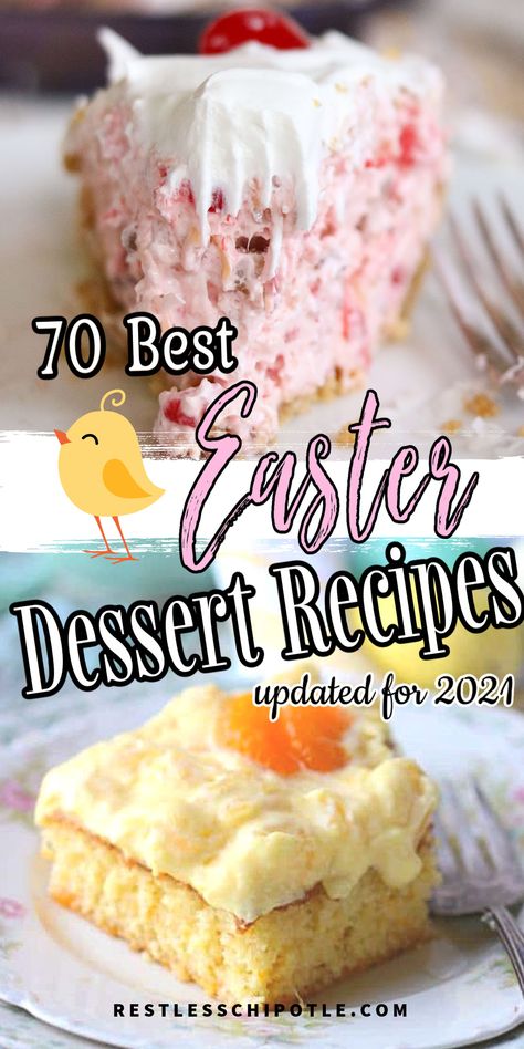 A collage of Easter desserts. Easy Simple Easter Desserts, Easter Desserts Fruit, Easter Deserts Easy Delicious Desserts, Desserts For Easter Easy, Best Easter Desserts Recipes, Pies For Easter Desserts, Fruity Easter Desserts, Cool Whip Easter Desserts, Low Fat Easter Desserts