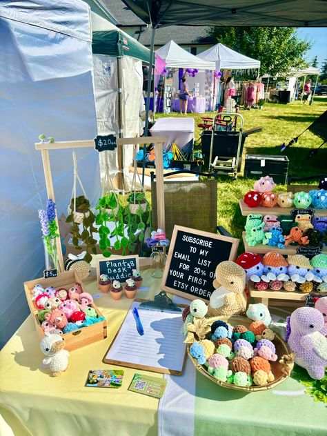 Market setup for my three-day market at Blake’s Lavender Festival! #crochet #marketingstrategy #marketprep #amigurumi #cute #plushies Makers Market Display, Market Stall Setup Ideas, Crochet Vender Display, Farmers Market Display Crochet, Vendor Setup Ideas, Display Crochet Items, Crochet Craft Show Ideas, Crochet Booth Display, Crochet Vendor Booth