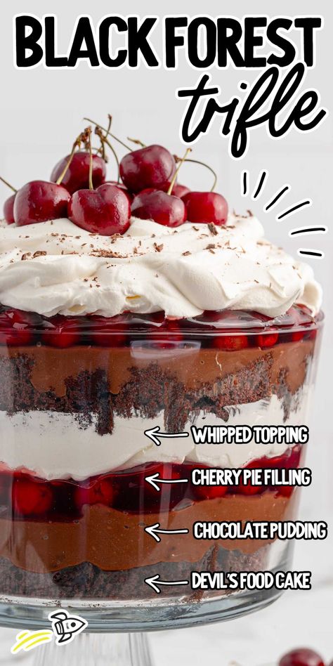 Black Forest Trifle Friends Trifle Recipe, Chocolate Cherry Trifle Desserts, Cherry Trifle Bowl, Christmas Black Forest Cake, Chocolate Cake Trifle Desserts, Black Forest Dessert Ideas, Black Forest Trifle Desserts, Pound Cake Trifle Recipes, Holiday Trifle Desserts