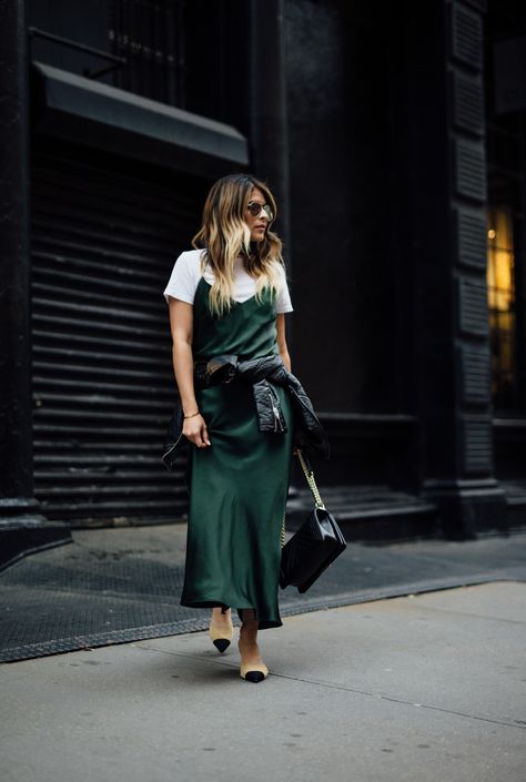 How to style a slip dress, Chanel mules, Pam Hetlinger, Leather Jacket, Spring Style | The Girl From Panama How To Wear Mules, Slip Dress Street Style, How To Style A Slip Dress, Satin Dress Outfit, Silk Dresses Outfit, Slip Dress Outfit, Camisole Dress, Maxi Slip Dress, Create Outfits