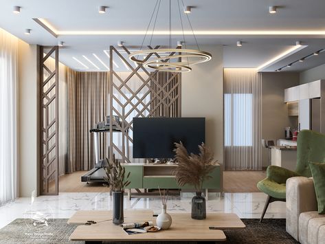 Family area on Behance Tv Unit Design With Partition Wall, Tv Unit Divider, Living Room Partition Design With Tv, Tv Unit On Partition, Tv On Partition, Living Room Divider With Tv Unit, Partition With Tv Unit Interior Design, Partition Wall With Tv Unit, Tv Partition Wall