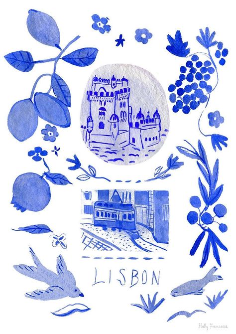 Lisbon Blue Portuguese 'Azulejo' Painted Art Print - Travel Art Gift - Portuguese Blue Tiles Poster - Lisboa Watercolour Painting Blue And White Portuguese Tiles, Portuguese Blue Tiles, Portugal Art Illustration, Lisbon Art Print, Lisbon Tiles Pattern, Blue And White Illustration, Watercolour Branding, Lisbon Illustration, Portuguese Wallpaper