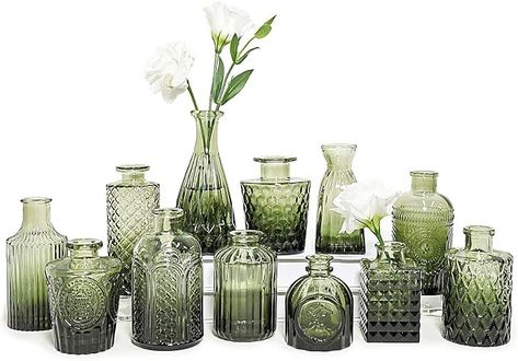 Amazon.com: SUPMIND 12pcs Glass Bud Vase Set, Small Green Flower Vases for Centerpieces in Bulk, Mini Vintage Vase for Wedding, Home,Table Decoration : Home & Kitchen Vasos Vintage, Vases For Centerpieces, Glass Bud Vases, Green Themed Wedding, Glass Bud Vase, Green Glass Vase, Elegant Centerpieces, Green Table, Vintage Wedding Decorations