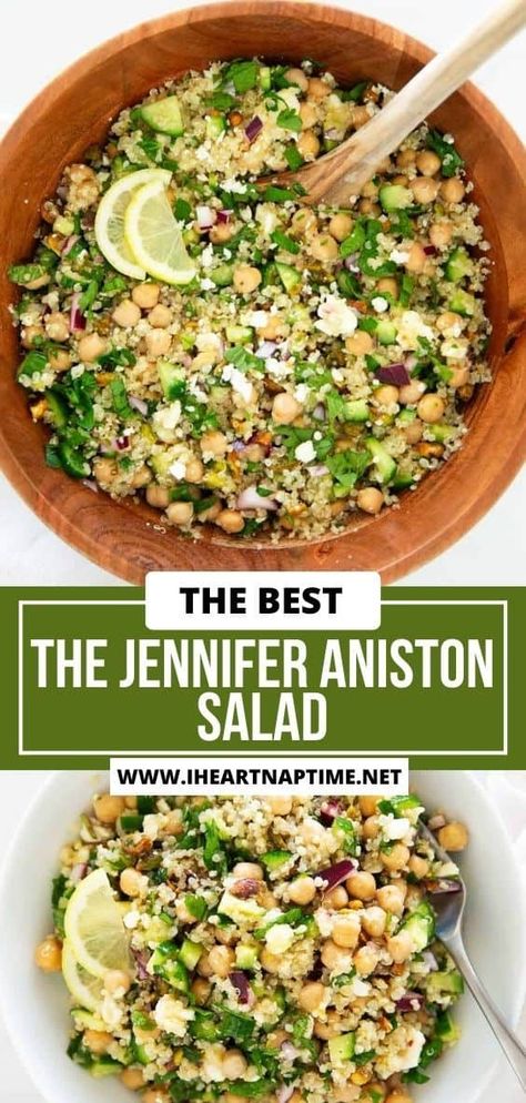 This viral Jennifer Aniston salad is made with quinoa, chickpeas, crunchy veggies and fresh herbs tossed with a lemon vinaigrette then topped with pistachios and feta! Chickpea Salad Quinoa, Jeniffer Aniston Salad, Salad Jennifer Aniston, Crunchy Salad Toppings, Jennifer Aniston Salad Recipe, Savory Potato Salad, Jennifer Aniston Salad, Aniston Salad, Veggie Salad Recipes