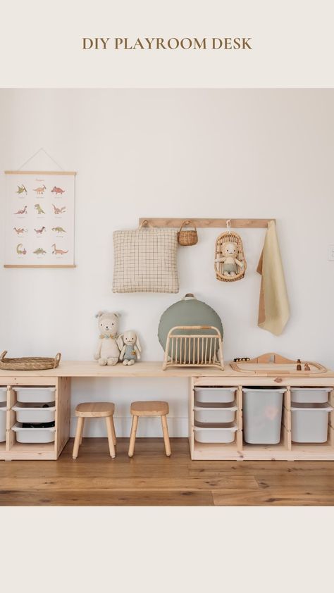 Tiffany Claire | Motherhood. Lifestyle. Home | Making a desk & storage out of Pine & Trofast *Save this for later* What you’ll need: - X2 TROFAST from IKEA - X2 Pine Panel 1800mmx… | Instagram Trofast Organization, Trofast Bedroom, Ikea Playroom Hack, Ikea Trofast Desk, Lego Storage Ikea, Trofast Kids Room, Ikea Playroom Ideas, Smastad Ikea, Trofast Table