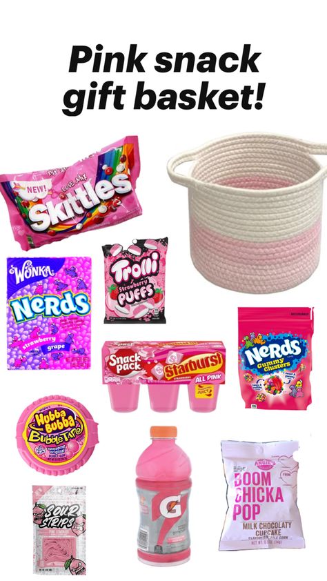 If you know someone who loves pink and snacks, then they’ll love this!! Pink Basket For Color Party, Pink And Black Gift Basket Ideas, Pink Themed Basket, Pink Gift Box Ideas Birthday, Pink Snacks For Color Party, Pink Snack Basket, Pink Gift Basket Ideas, Grape Snacks, Thanksgiving Menu Recipes