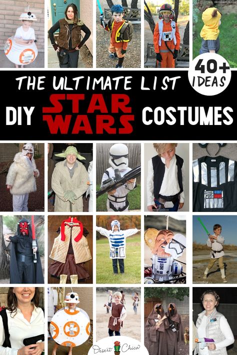 The best DIY Star Wars costumes for women, for kids and for men including how to make easy homemade Han Solo, R2-D2, Chewbacca, Jedi, Ewok, Leia, BB-8, Darth Vader, Yoda, and Luke Skywalker. These simple ideas are great for boys, girls, toddlers, family themes and couples costumes for Halloween or cosplay. Simple Star Wars Costume, Diy R2d2 Costume Women, Diy Yoda Costume Women, Star Wars Diy Costume Women, Easy Diy Star Wars Costume, Women Star Wars Costumes, Womens Star Wars Costume, Star Wars Costumes For Kids, Diy Star Wars Costume