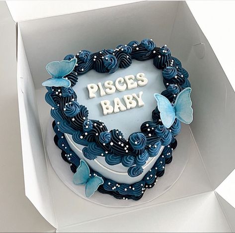 Blue heart shaped birthday cake with blue icing and butterflies Pisces Cake, Heart Shaped Birthday Cake, Party Palette, Heart Birthday Cake, Bonnie Fnaf, Blue Birthday Cakes, Birthday Plans, Vintage Birthday Cakes, Pisces Birthday