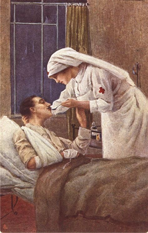 White female nurse holding a spoon to the mouth of a wounded White male soldier in bed. Ww1 Posters, Female Nurse, Male Soldier, Nurse Art, Digital Gallery, Vintage Nurse, Birds In The Sky, Florence Nightingale, American Red Cross