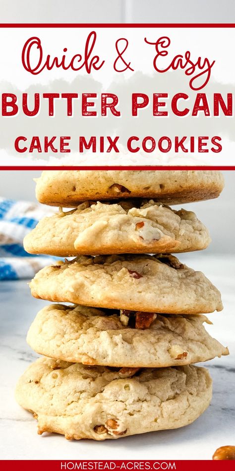 Need a last-minute holiday treat? These cake mix butter pecan cookies are your answer. They're quick, easy, soft, and chewy - everything you want in a festive cookie. With just 4 ingredients, they're a joy to bake and even more to eat! Butter Pecan Pudding Cookies, Cake Mix Cookies Butter Pecan, Cookies From Butter Pecan Cake Mix Recipes, Easy Cookies From Cake Mix Boxes, Butter Pecan Cake Cookies, Recipes Using Butter Pecan Cake Mix Boxes, Chopped Pecan Recipes, Cookie Recipes With Pudding, Butter Pecan Box Cake Mix Recipes