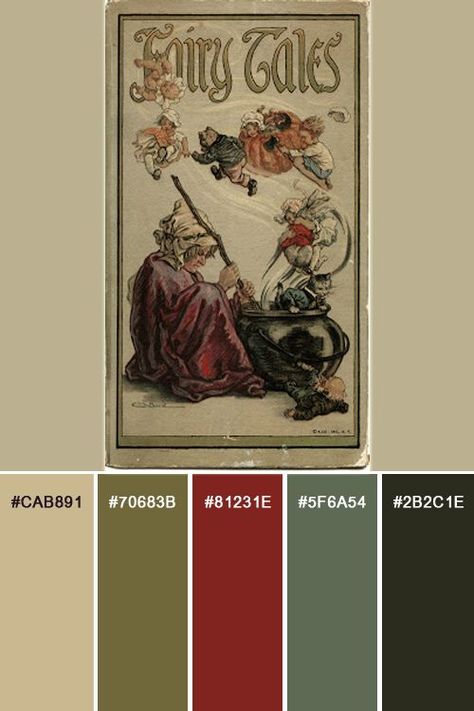 Fairy tales old book cover color palette Old Vintage Color Palette, Fairy Colors Palette, Color Palette Fairy Tale, Vintage Art Color Palette, Antique Colors Palette, 1800 Color Palette, Old Book Color Palette, 1910s Color Palette, Books Color Palette