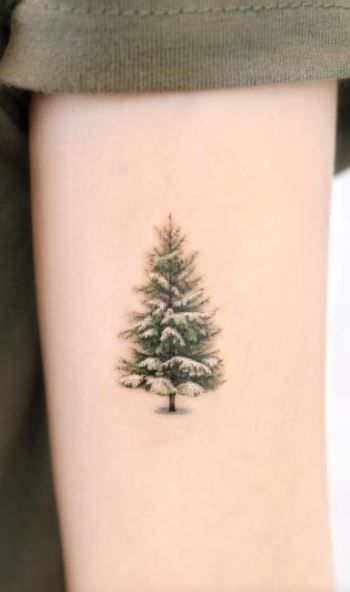 Tree With Snow Tattoo, Snowy Tree Tattoo, Fine Line Evergreen Tattoo, Winter Tattoo Ideas Nature, Winter Tattoos For Women, Christmas Tree Tattoo Ideas, Winter Tree Tattoo, Christmas Tattoos For Women, Noel Tattoo