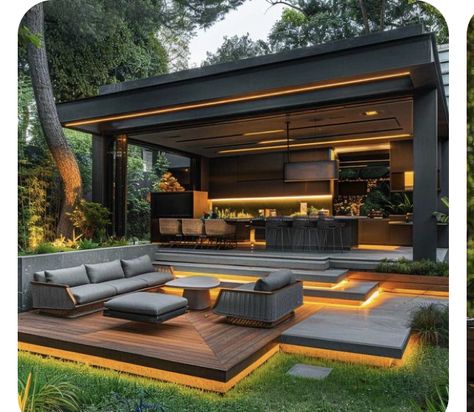 Grey Backyard Ideas, Backyard Goals, Contemporary Garden Design, Modern Outdoor Kitchen, Rooftop Design, Modern Backyard Landscaping, Backyard Pavilion, Outdoor Living Design, Farmhouse Ideas