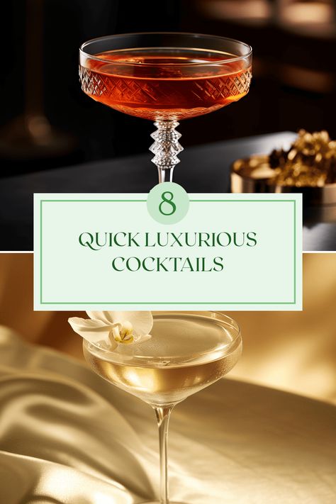 Discover 8 amazingly luxurious cocktails that you can whip up in just minutes! Enjoy cocktails like the fascinating Roulette Royale and the delightful Coco Chanel, guaranteed to impress your guests. Each drink offers a unique mix of flavors, combining sweetness with spice. Whether you're hosting a party or enjoying a night in, these cocktails provide quick indulgence that won’t compromise on taste or presentation. Explore the art of cocktail making and elevate your beverage game effortlessly. James Bond Cocktails, Hosting Cocktail Party, Cocktail Flight Ideas, Golden Cadillac Drink Recipe, Cocktail Competition Party, Casino Cocktails, Cocktail Decoration Ideas, Speakeasy Cocktails, Sophisticated Cocktails