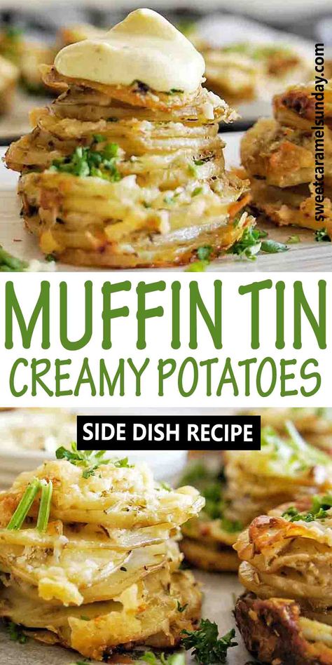 Potato Stacks Muffin Tins, Cup Meals, Muffin Tin Potatoes, Creamy Cheesy Potatoes, Muffin Bites, Parmesan Potato Stacks, Creamy Potatoes, Potato Stacks, Mushroom Stroganoff