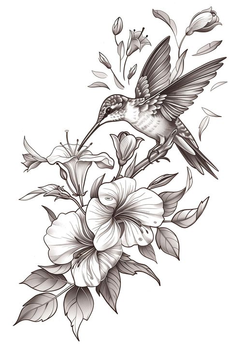 Premium Photo | A drawing of a hummingbird with flowers Birds For Drawing, Ruby Throated Hummingbird Tattoo Art, Unique Hummingbird Tattoo, Bird And Flower Drawing, Hummingbird Drawing Simple, Elemental Tattoos, Hummingbirds Drawing, Hummingbird Drawings, Hummingbird Outline