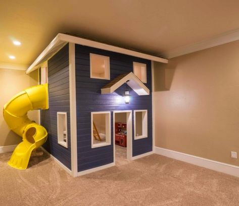 12 Incredible Indoor Playhouses Playroom Slide, Playhouse Playroom, Basement Play Area, Playhouse Indoor, Kids Indoor Playhouse, Gambling Art, Playhouse With Slide, Playhouse Ideas, Indoor Playroom