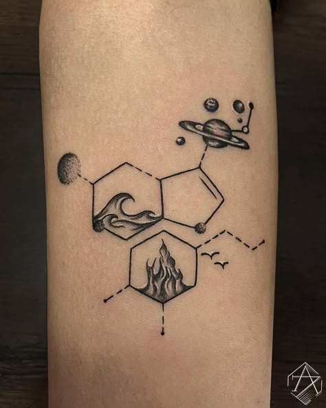 Serotonin Ocean Tattoo, Chemical Molecule Tattoo, Chemistry Tattoo Ideas Beautiful, Science Nature Tattoo, Four Elements Tattoo Ideas, Chemical Element Tattoo, Serotonin Tattoos Unique, Tattoo For Starting Over, Pharmacist Tattoo Ideas