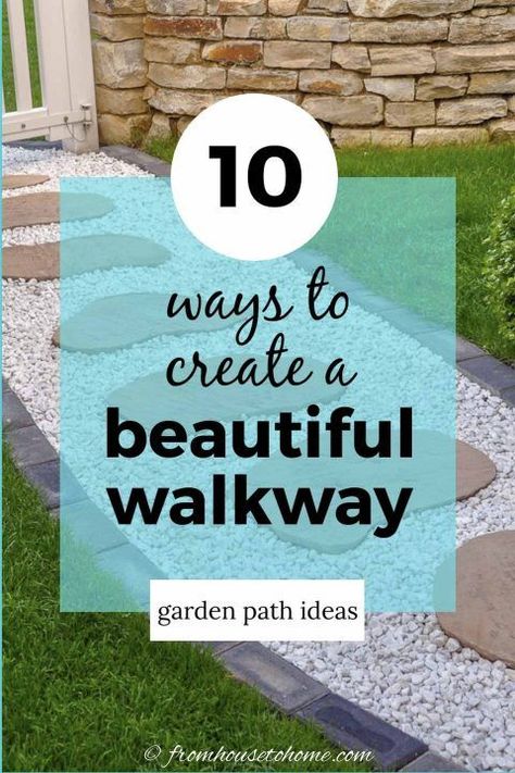 Find some inspiration for your yard with one of these beautiful garden path ideas and learn which ones will fit your budget or break your back. #fromhousetohome #gardenpaths #pathsandwalkways #walkways #diyprojects #gardendesign Walkways Paths Side Of House Sidewalks, Stepping Stone Pathway Ideas, Walkways Paths Side Of House, Inexpensive Driveway Ideas, Landscape Pathway Ideas, Outdoor Walkway Ideas Pathways, Front Pathway Ideas, Front Door Walkway Ideas, Yard Pathway Ideas