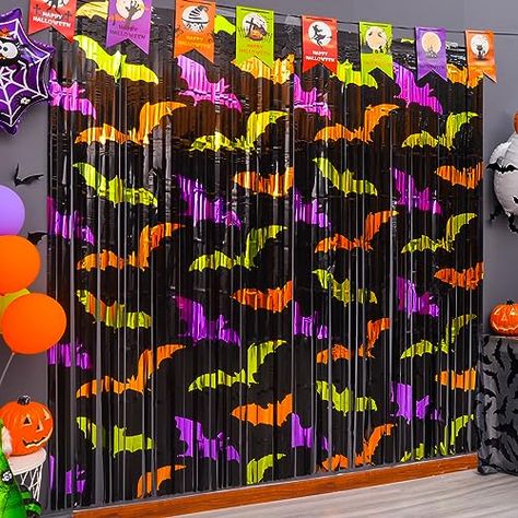 Mega-L Halloween Party Decorations 2 Pack Green Orange Purple Bat Pattern Photo Booth Props, 3.3 X 6.6 ft Halloween Foil Fringe Curtains, Halloween Photo Backdrop Streamers Halloween Party Supplies Halloween Streamers, Halloween Party Backdrop, Halloween Party Banner, Halloween Party Photo, Halloween Decorations For Kids, Party Photo Backdrop, Streamer Backdrop, Bat Pattern, Halloween Backdrop