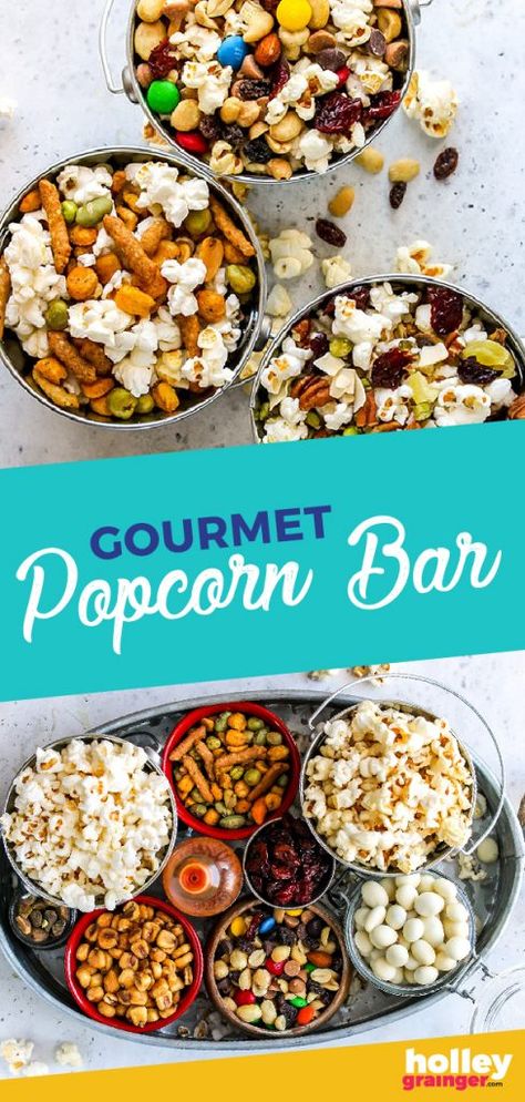 Gourmet Popcorn Bar from Holley Grainger Popcorn Salad Sweet, Party Snacks Cheap, Popcorn Bar Toppings, Gourmet Popcorn Bar, Popcorn Toppings, Savory Popcorn, Party Food Bars, Soda Bar, Waffle Bar