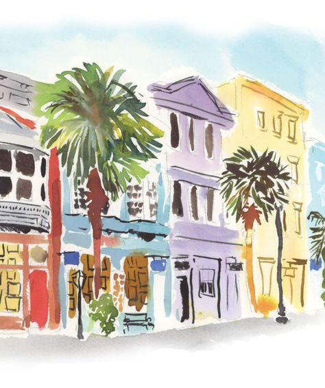 Charleston Sc Watercolor, Rainbow Row Charleston, Summer Posters, Julie King, South Carolina Art, Things To Do In Charleston, Charleston House, Charleston Hotels, Charleston Art