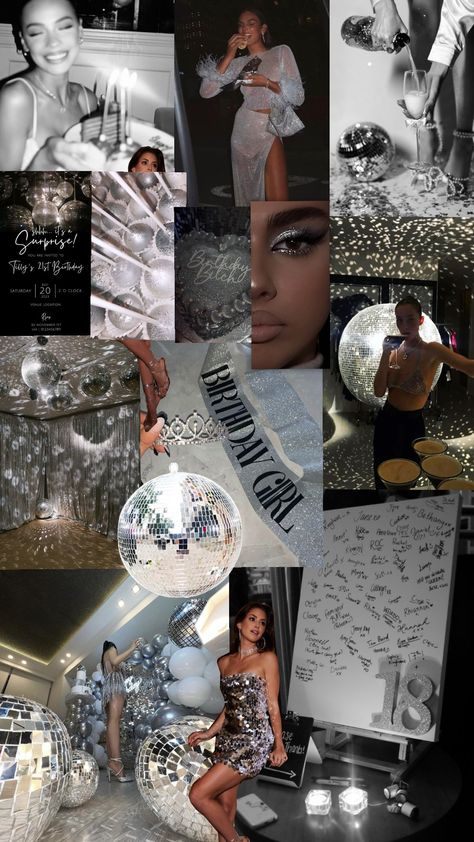 #birthdayinspo #silvergirl 25th Birthday Silver Theme, Mood Board Party Ideas, Glitz And Glam Birthday Party Ideas, 25 Birthday Ideas Decoration, Women Birthday Themes, Disco Blackout, Birthday Inspo Decoration, Silver Birthday Photoshoot, Silver Party Aesthetic