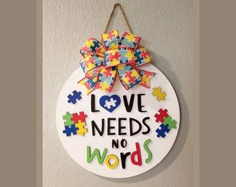 Words for wreaths | Etsy Puzzle Piece Crafts, Love Needs No Words, 3d Love, Wooden Door Signs, Red Green Yellow, Painted Doors, Wreath Crafts, Wooden Puzzles, Christmas Crafts Diy