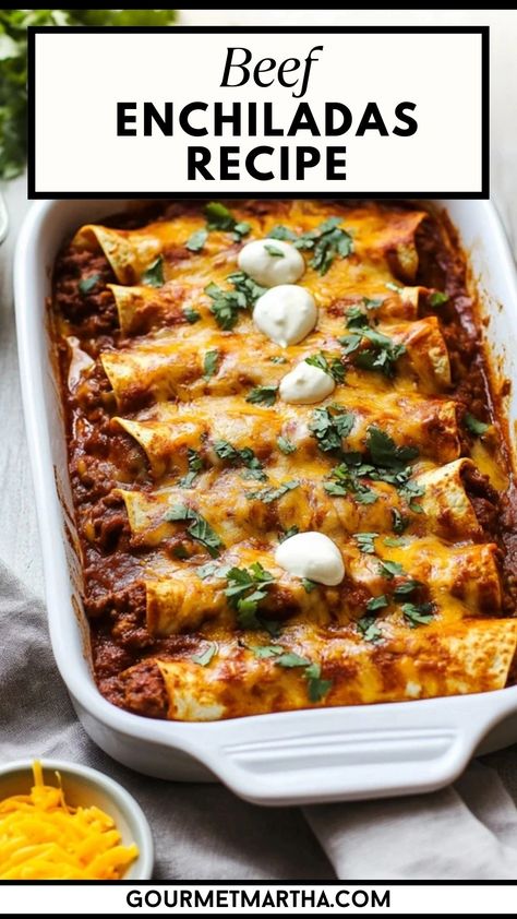 These juicy and flavorful beef enchiladas are the ultimate comfort food! Loaded with seasoned ground beef, smothered in rich, tangy sauce, and baked to perfection, this easy enchilada recipe will become a family favorite. Perfect for any weeknight dinner or gathering! #BeefEnchiladas #MexicanFood #ComfortFood #EasyDinner #GroundBeef #Enchiladas #CheesyGoodness #TexMex #FamilyDinners #DinnerIdeas Loaded Beef Enchiladas, Smothered Enchiladas Ground Beef, Beef Enchiladas With Cheese Sauce, Beef Enchilada Skillet Recipe, Best Beef Enchiladas, Beef And Cheese Enchiladas, Best Beef Enchilada Recipe, Easy Cheese Enchiladas, Enchiladas Beef