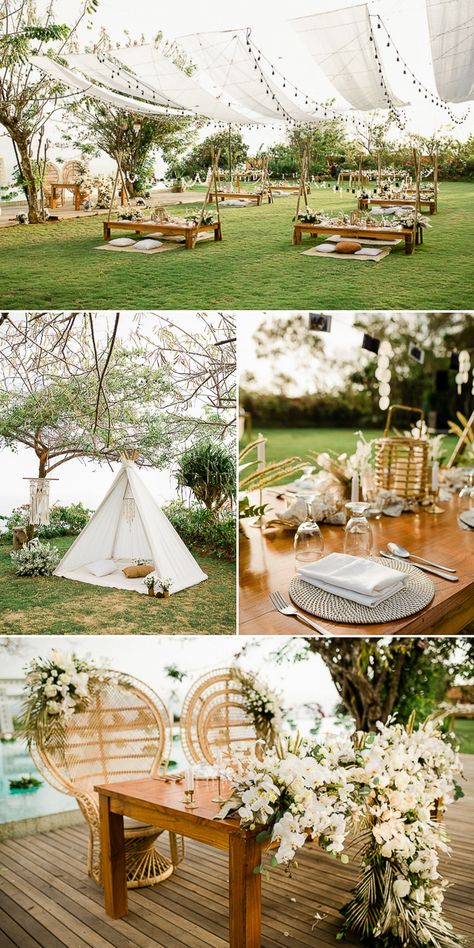 Gorgeous And Glamorous Wonderland In Uluwatu Wedding Boho Picnic Wedding Reception, Outdoor Wedding Essentials, Garden Picnic Wedding Ideas, Outdoor Picnic Wedding Ideas, Picnic Wedding Ideas Receptions, Backyard Wedding Picnic, Backyard Picnic Wedding Ideas, Wedding Reception Picnic Tables, Picnic Wedding Decor