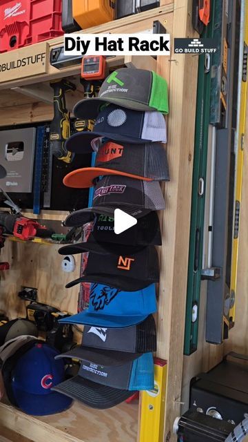 M Sam Irwin on Instagram: "Simple Hat rack #hat #rack #gobuildstuff" Hat Hanging Ideas, Diy Hat Holder, Diy Hat Storage, Baseball Hat Storage, Wall Hat Racks, Baseball Cap Rack, Pallet Closet, Diy Hat Rack, Hat Shelf