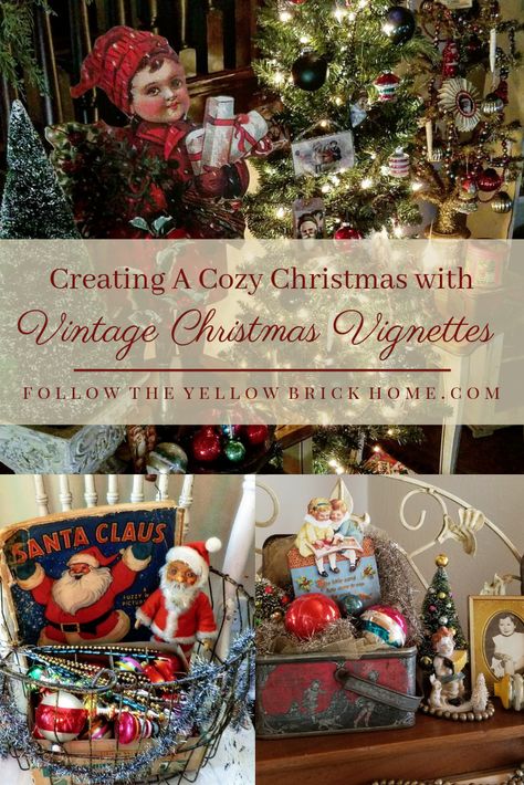 Christmas Vignettes French Country, Vintage Christmas Vignettes Display, Vintage Christmas Coffee Table Decor, Vintage Christmas Vignettes, Antique Christmas Decor, Vintage Arrangements, Christmas Kitchens, Gifts Brother, Bff Party