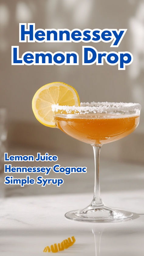 Hennessey Lemon Drop Hennessy Lemon Drop, Hennessey Drink Recipes, Hennessy Drinks Recipes, Hennessey Drink, Lemon Twist Garnish, Hennessy Cocktails, Cognac Cocktails, Hennessy Drinks, Lemon Margarita