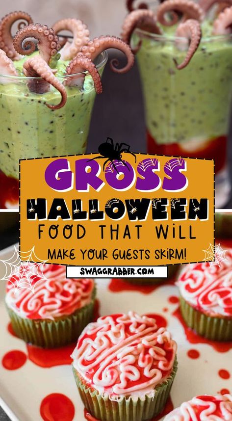 Looking for some inspiration for your next gross party food idea? Look no further! In this video, we share some of the best (and grossest) party food ideas that are sure to get your guests talking. From realistic brain cakes to Q-tips, we've got you covered! Halloween Party Food Scary, Spooky Halloween Foods For Party, Gory Halloween Party Food Ideas, Graveyard Themed Food, Unique Halloween Food Ideas, Scary Halloween Finger Foods, Halloween Food Scary Gross, Gross Foods For Halloween, Gory Halloween Food Ideas