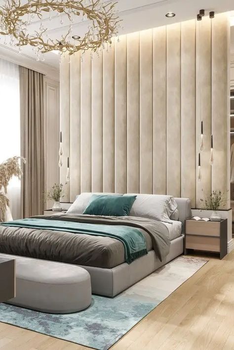 Beautiful Bed Designs, Corner Coffee, Wall Panels Bedroom, Bed Scene, Upholstered Wall Panels, Masculine Bedroom, Upholstered Walls, Headboard Wall, Gorgeous Bedrooms