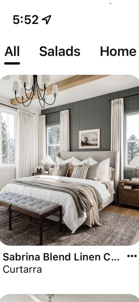 Gray Beadboard, Bedroom Accent Wall, Beautiful Houses Interior, Bedroom Accent, Serene Bedroom, Accent Wall Bedroom, Dark Wall, Bedroom Windows, Custom Curtains