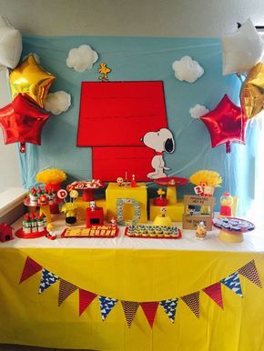 How fun is this Snoopy birthday party! See more party ideas at CatchMyParty.com! Snoopy Birthday Decorations, Peanuts Gang Birthday Party, Friends Birthday Party Ideas, Snoopy Decorations, Charlie Brown Birthday Party, Bolo Snoopy, Peanuts Birthday Party, Snoopy Birthday Party, Snoopy Baby Shower