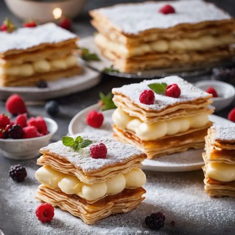 Simple Elegance Mille Feuille – From 📌Pin To Plate🍰 Milli Feuille Desserts, Mille Feuille Recipe, Millefeuille Recipe, Budapest Cafe, Design Cibo, Cream Cheese Puff Pastry, Food Clay, High Tea Food, Classic French Desserts