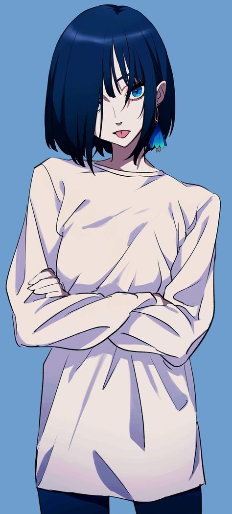 Cross Arms Pose Reference, Black Hair Blue Eyes Girl, Anime Arms, Short Hair Drawing, Hair Over One Eye, Arm Drawing, Crossed Arms, Blue Haired Girl, Black Hair Blue Eyes