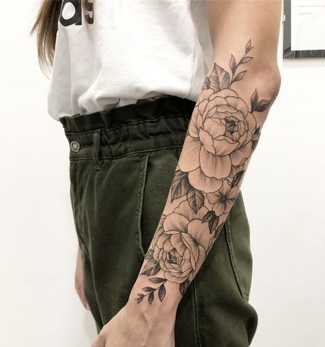 Peony Tattoo Forearm Half Sleeves, Peony Arm Tattoo Half Sleeves, Flowers Upper Arm Tattoo, Floral Half Sleeve Tattoo Lower Arm, Tattoo Ideas Female Placement, Flower Forearm Tattoo Half Sleeves, Floral Half Sleeve Tattoo Forearm, Lower Arm Sleeve, January Tattoo