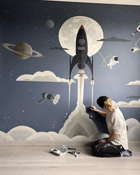 Space Themed Bedroom, Kids Room Murals, Kids Bedroom Walls, Room Wall Painting, Murals For Kids, Bedroom Murals, Wall Painting Decor, Bedroom Wall Paint, Wall Murals Painted