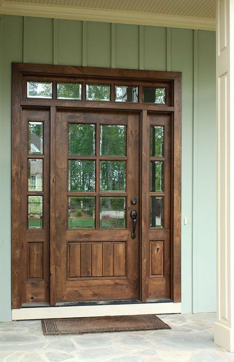 dark stained wooden door with sidelights Country Front Doors, Door With Sidelights And Transom, Dsa Doors, Knotty Alder Door, Country Front Door, Front Door With Sidelights, Knotty Alder Doors, Door With Sidelights, Farmhouse Entry