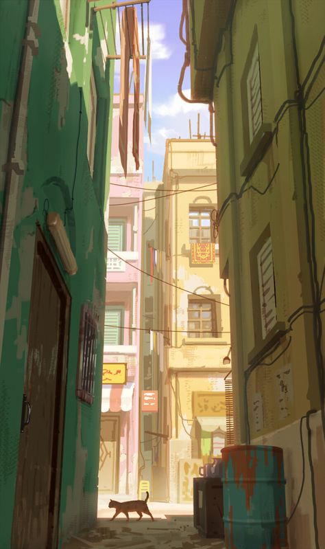 ArtStation - Cat Alley Way, Environment Painting, Bg Design, Scenery Background, City Background, Naha, Visual Development, 판타지 아트, Environment Design