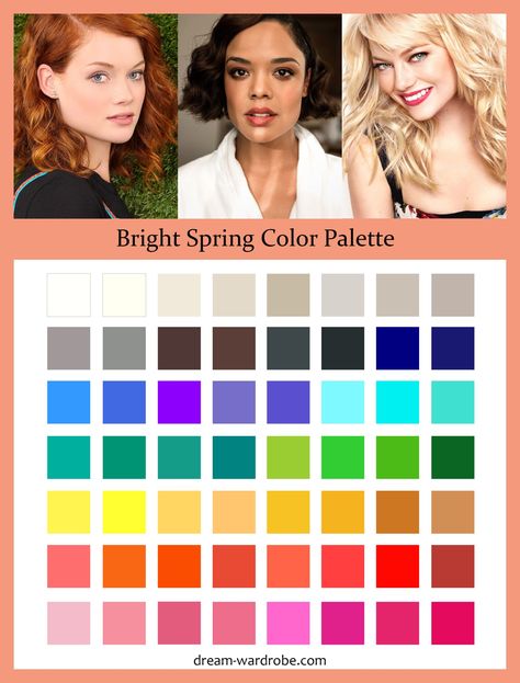 Bright Spring Color Palette and Wardrobe Guide – Dream Wardrobe Clear Spring Winter Outfits, Bright Spring Black Women, Bright Spring Winter Outfits, Bright Spring Outfits, Bright Spring Color Palette, Clear Spring Palette, True Spring Color Palette, True Spring Colors, Concept Wardrobe