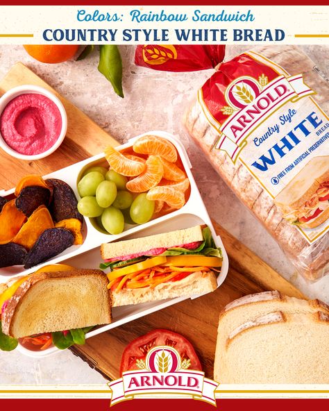 Learning, lunching, and playing with all the flavors of the rainbow. These Country Style White Bread sandwiches are even yummier than they look!#ArnoldBread #CountryStyleBread #kidslunchideas #kidssandwiches Fun Sandwich Ideas, Sandwich Ideas For Kids, White Bread Sandwich, Sandwich Ideas, Best Sandwich, White Bread, Creative Advertising, Country Style, The Rainbow