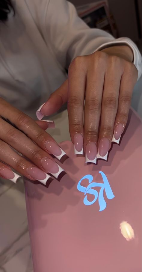 Half Inch Nails, Classic French Tip Nails With Design, Short Modern French Nails, Basic French Tip Nails Square, Boujie Nails Acrylic Short, Simple Nail Ideas Black Women, Medium Frenchies Nails, Long Square Acrylic Nails French Tip Design, French Tip Base Color Chart