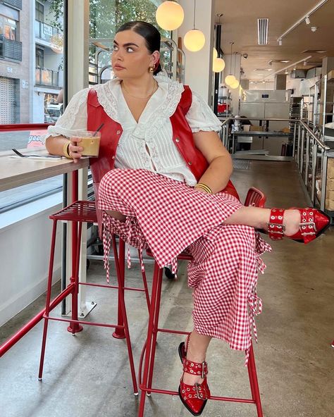 Red Slingback Outfit, Gingham Style Outfits, Ganni Ballerinas Outfit, Red Gingham Skirt Outfit, Red Buckle Flats Outfit, Ballet Flats Spring Outfits, Ganni Inspired Outfits, Red Ganni Flats Outfit, Black And White Gingham Pants Outfit