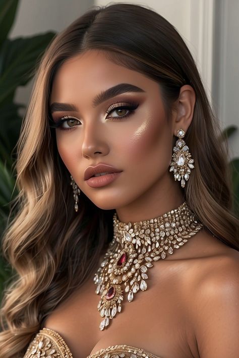 High Glam Makeup, Makeup Ideas Wedding Guest, Dance Comp Makeup, Makeup Looks For Wedding Guest, Gold Dress Makeup, Makeup Looks Full Face, Comp Makeup, Full Glam Makeup Looks, Gala Makeup